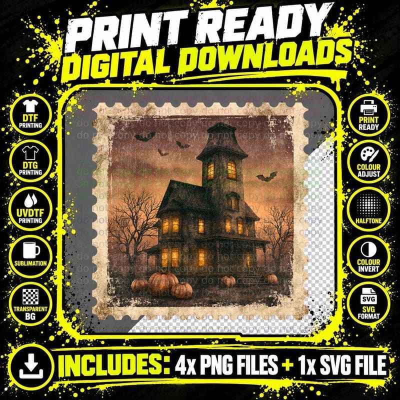 Victorian Mansion Pumpkins Lit Windows Halloween T-Shirt Png SVG Digital Bundle