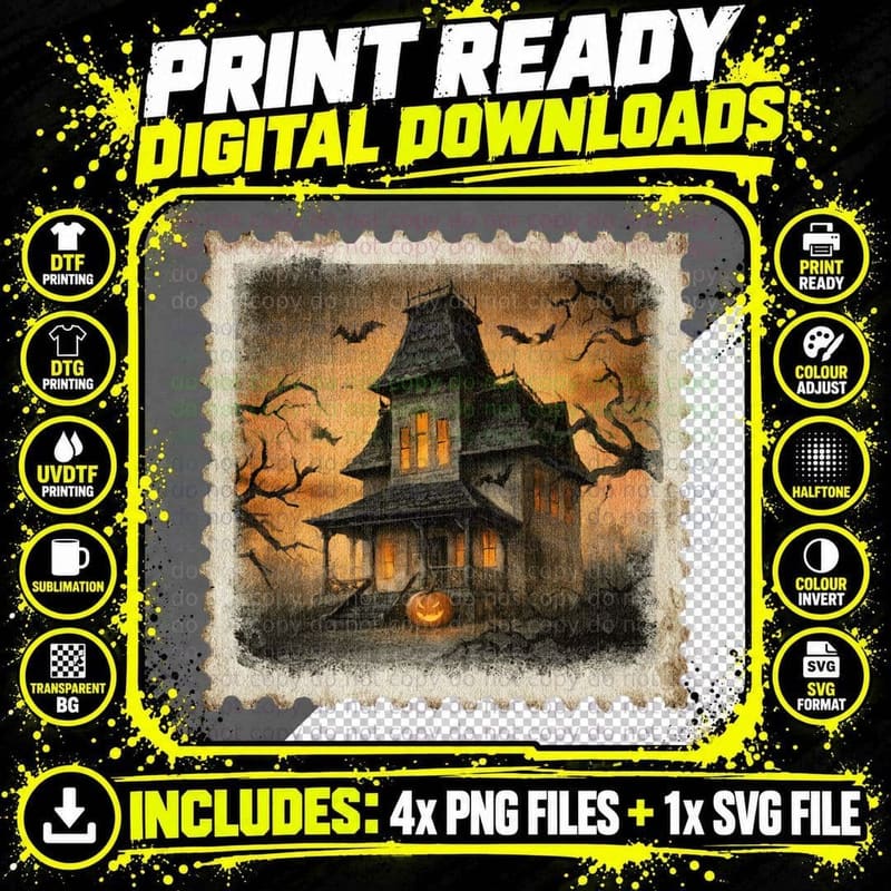 Victorian Mansion Tower Pumpkin Front Halloween T-Shirt Png SVG Digital Bundle