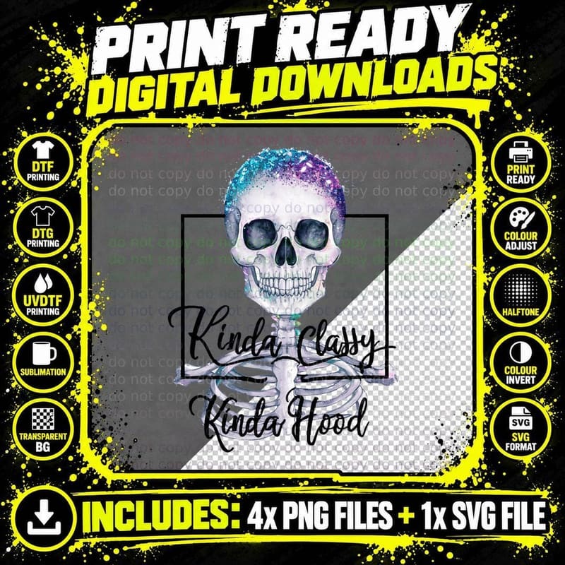 Watercolor Skeleton Skull Portrait T-Shirt Png SVG Digital Bundle