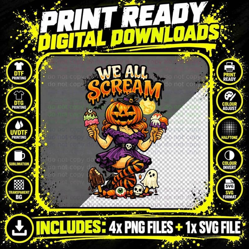 We All Scream Halloween T-Shirt, Pumpkin Head Ice Cream Png SVG Digital Bundle