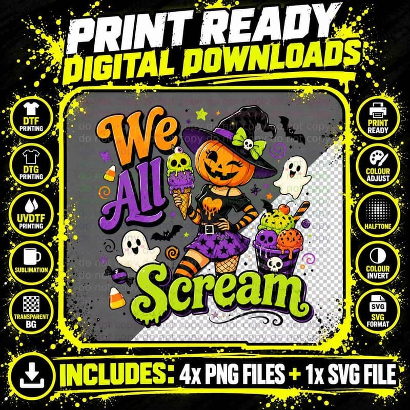 We All Scream Halloween T-Shirt, Pumpkin Witch Holding Png SVG Digital Bundle