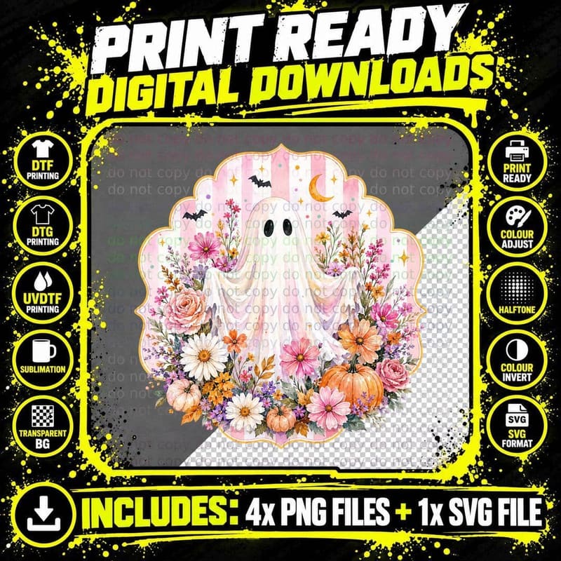Whimsical Ghost Flowers Bats Moon Halloween T-Shirt Png SVG Digital Bundle