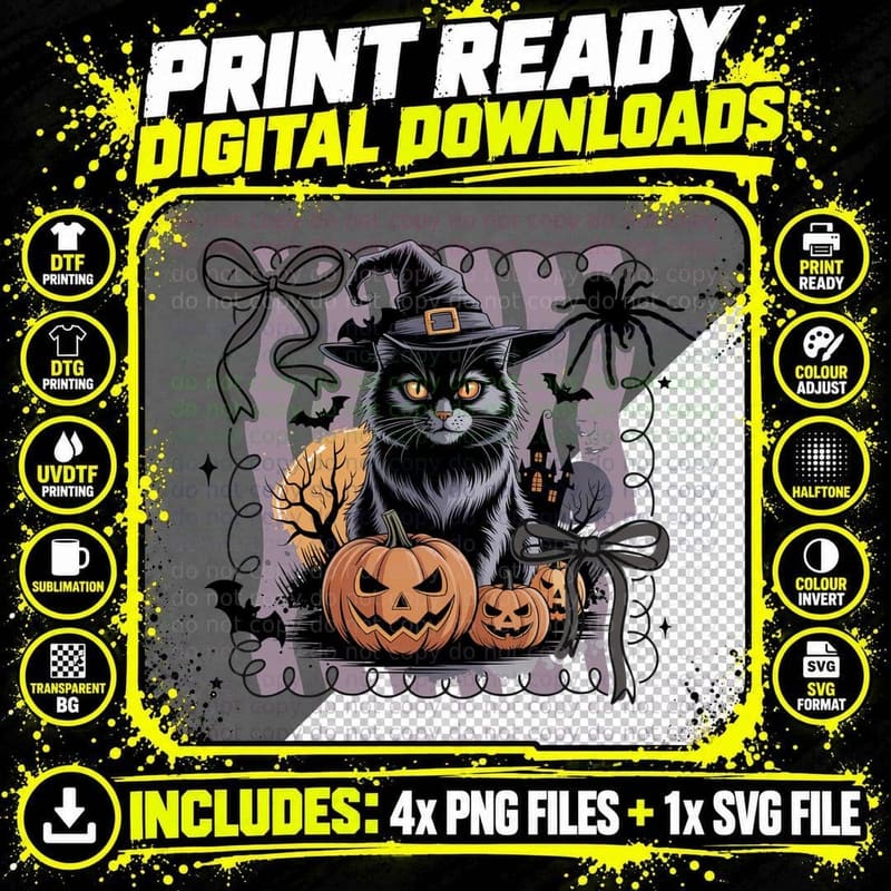 Witch Cat Haunted House Halloween T-Shirt Png SVG Digital Bundle