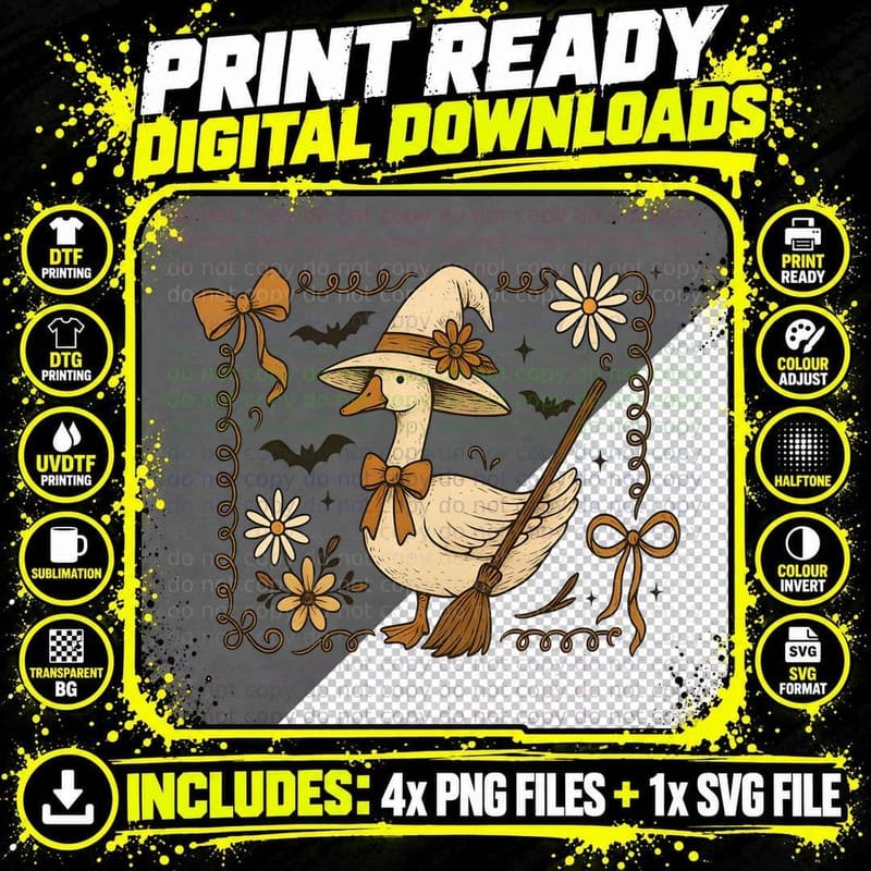 Witch Duck Broomstick Flowers Halloween T-Shirt Png SVG Digital Bundle