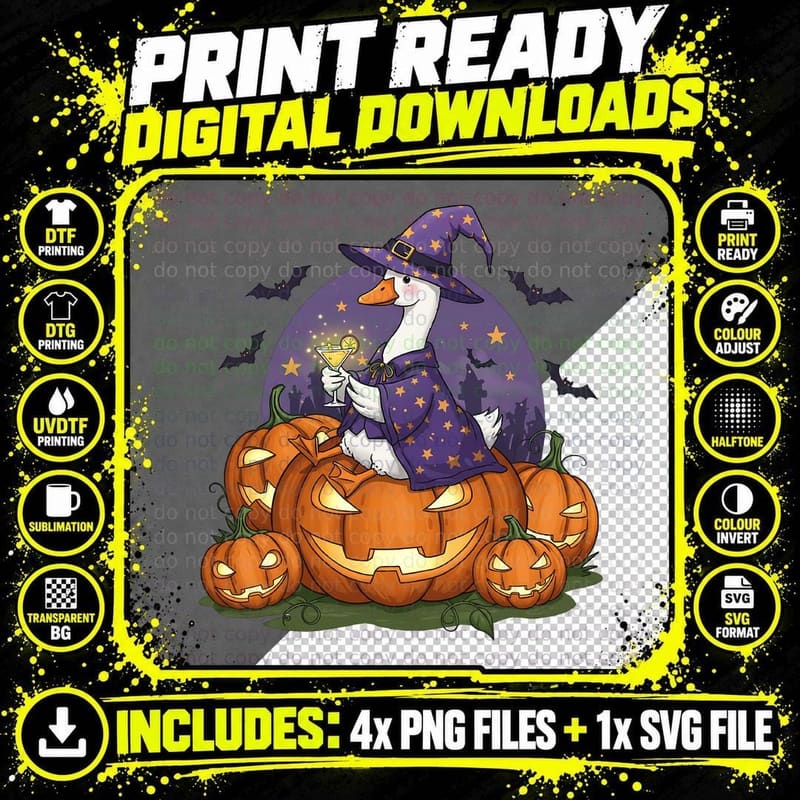 Witch Duck on Giant Pumpkin Halloween T-Shirt Png SVG Digital Bundle