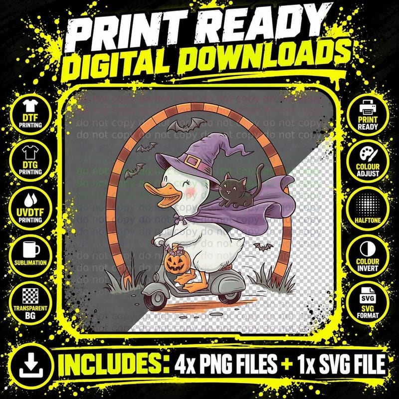 Witch Duck on Scooter with Cat Halloween T-Shirt Png SVG Digital Bundle