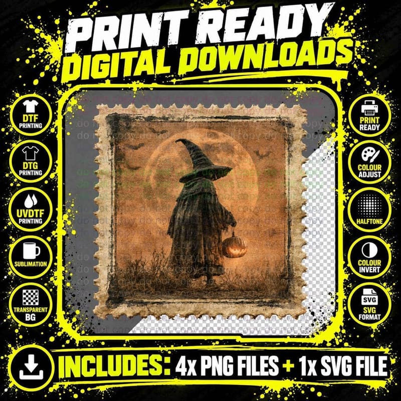 Witch Holding Jack-O-Lantern Robed Halloween T-Shirt Png SVG Digital Bundle