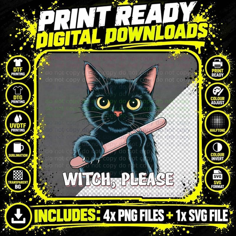 Witch Please Funny Cat T-Shirt, Black Cat Holding Wand Png SVG Digital Bundle