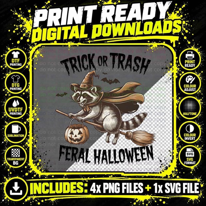 Witch Raccoon Flying on Broomstick Halloween T-Shirt Png SVG Digital Bundle