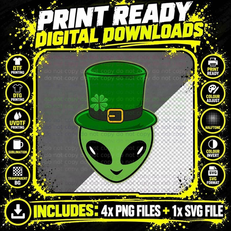 Alien Head St Patrick's Day Leprechaun Graphic Png SVG Digital Bundle