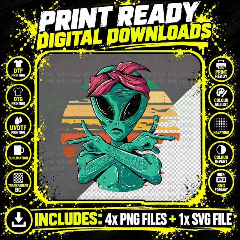 Alien Peace Sign Halloween Costume Retro UFO Men Women Png SVG Digital Bundle