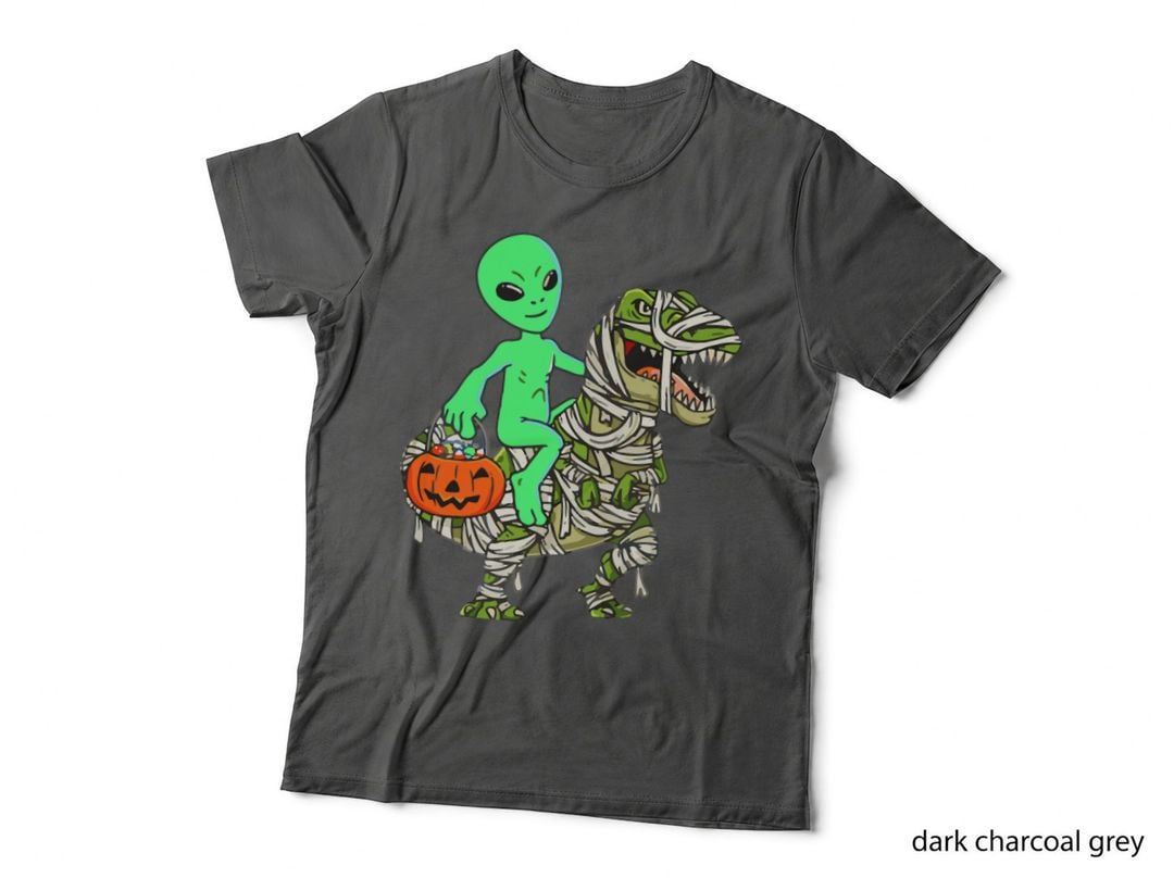 Alien Riding Dinosaur Funny Halloween Youth Size, Kids Costume T-Shirt