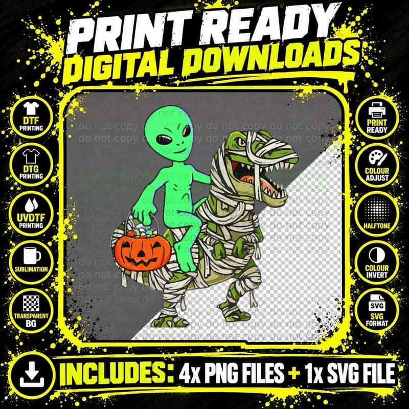Alien Riding Dinosaur Funny Halloween Youth Size Png SVG Digital Bundle