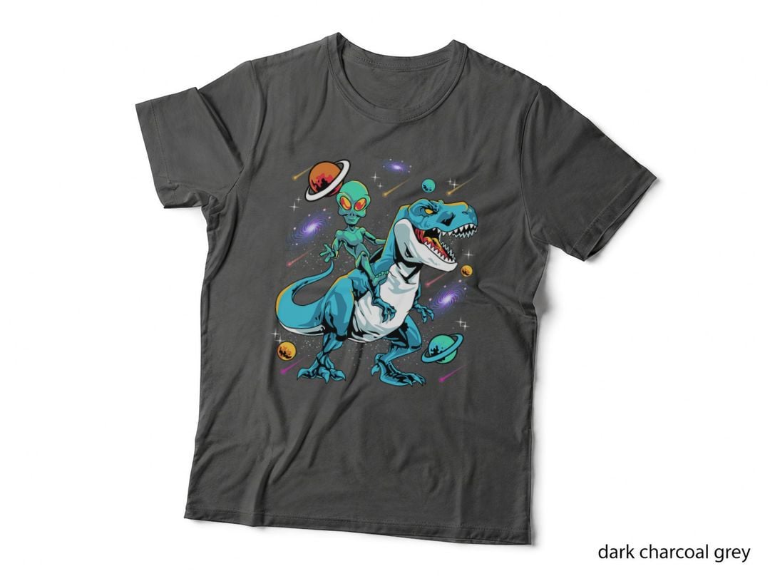 Alien Riding T-Rex Dinosaur in Space UFO, Sci-Fi, Fantasy, Men's T-Shirt