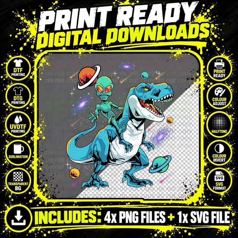 Alien Riding T-Rex Dinosaur in Space UFO, Sci-Fi Png SVG Digital Bundle