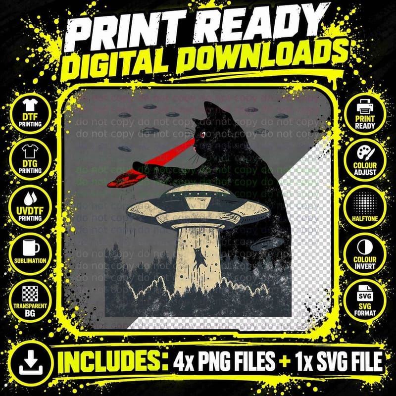 Alien UFO Abduction Laser Eye Funny Cat, Space Themed Png SVG Digital Bundle