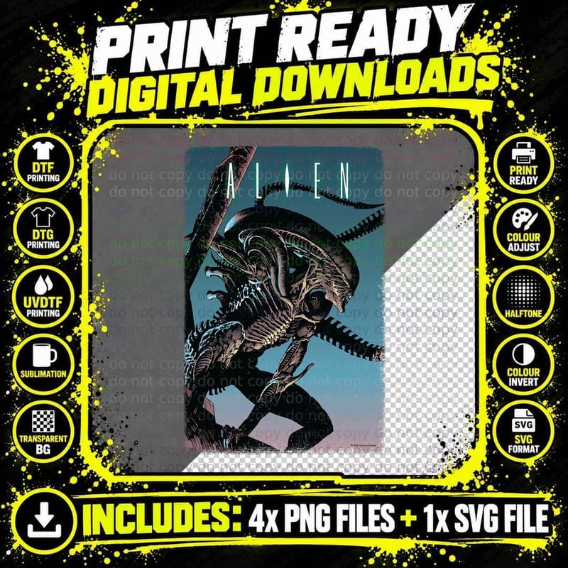 Alien Xenomorph Illustrated Poster Png SVG Digital Bundle