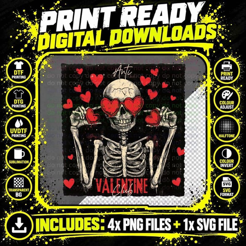 Anti Valentine T-Shirt, Skeleton with Heart Eye Glasses Png SVG Digital Bundle