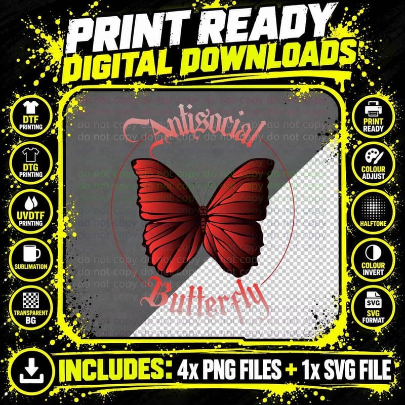 Antisocial Butterfly Skull Goth Lover Png SVG Digital Bundle