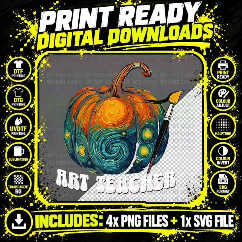 Art Teacher Pumpkin Halloween Starry Night Van Gogh Png SVG Digital Bundle