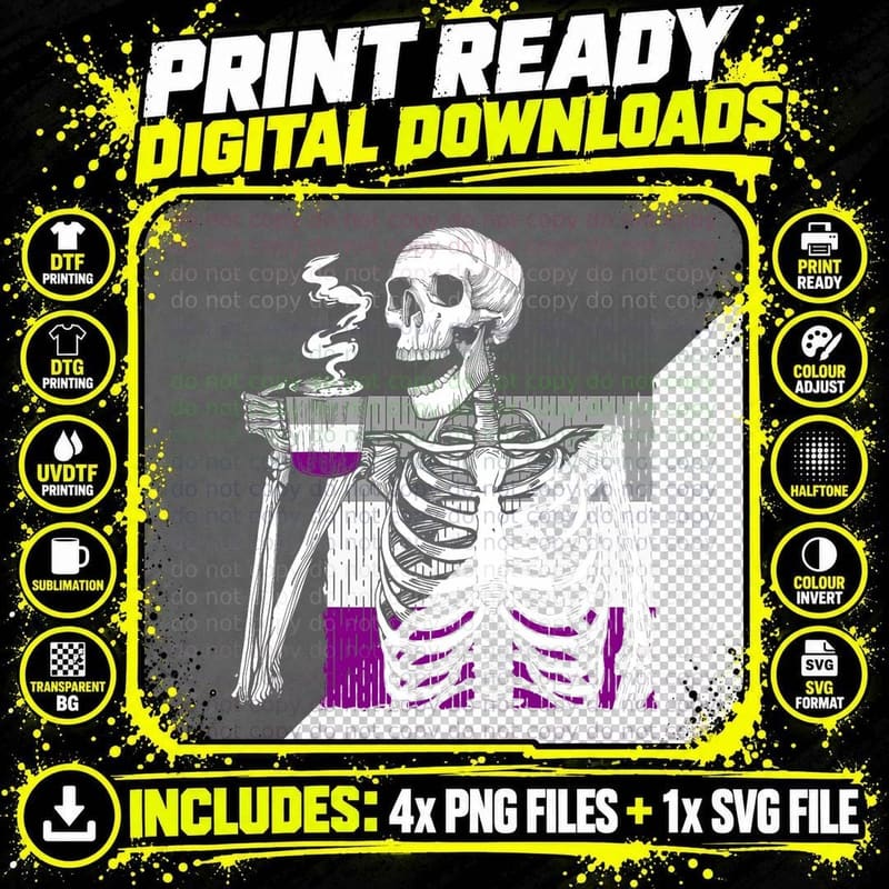 Asexual Skeleton Drinking Coffee Pride Flag Ally LGBT Png SVG Digital Bundle
