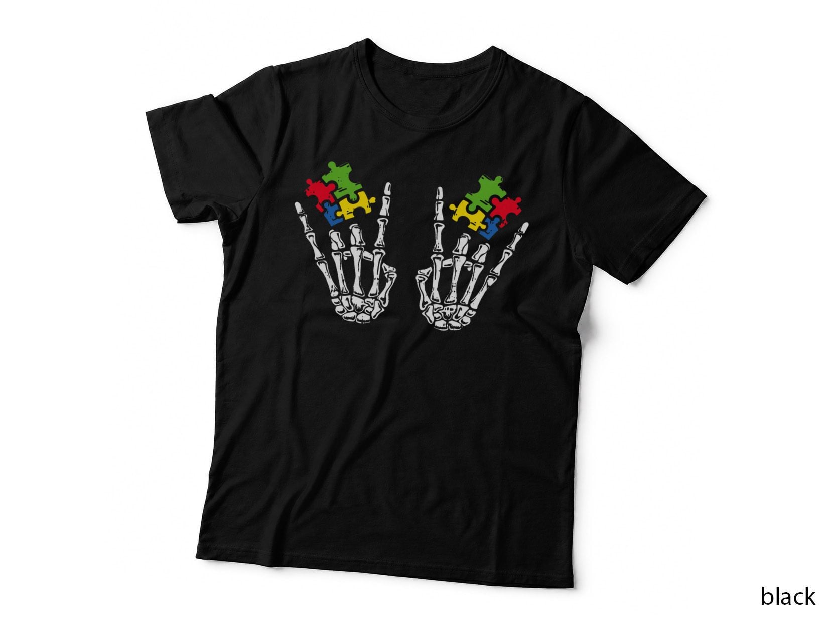 Autism Awareness Boys Girls Skeleton Rock Hand Puzzle Piece T-Shirt
