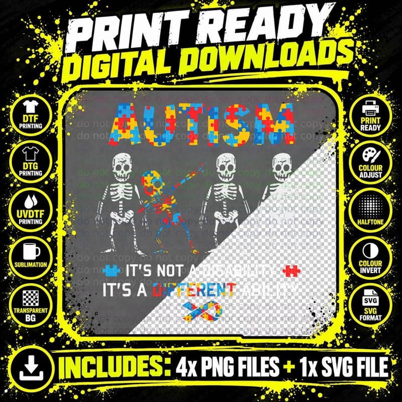 Autism It's a Different Ability Funny Dab Skeleton Png SVG Digital Bundle