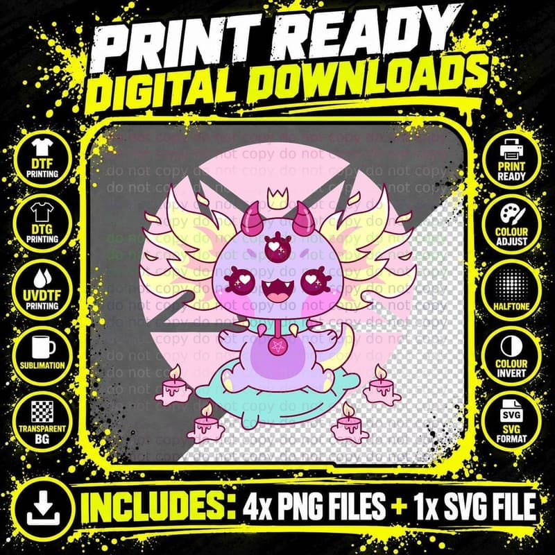 Axolotl Kawaii Pastel Goth Cute Creepy Nu Goth Aesthetic Png SVG Digital Bundle