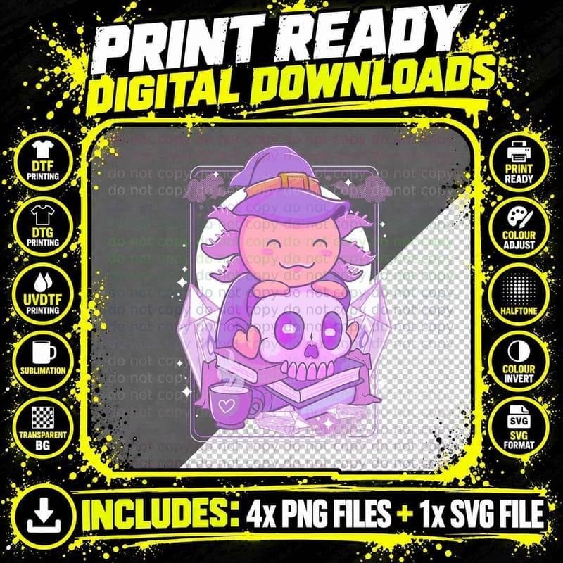 Axolotl Witch Halloween Witchcraft Cute Axolotl Pastel Png SVG Digital Bundle