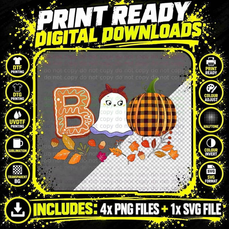 BOO with Cute Ghost Plaid Pumpkin Fall Colors Halloween Png SVG Digital Bundle
