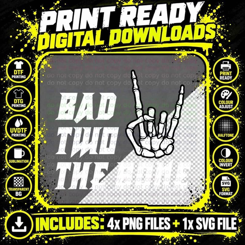 Bad to the Bone Skeleton Two Birthday Toddler Kids Funny Png SVG Digital Bundle