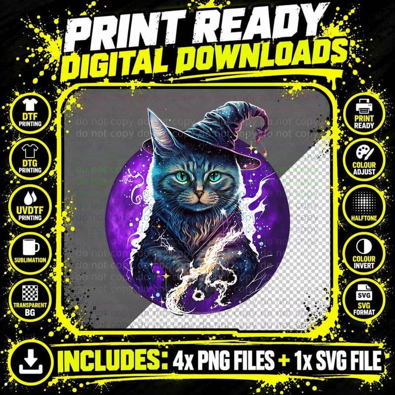 Beautiful Wiccan Cat with a Witch Hat Purple Moon Witchy Png SVG Digital Bundle