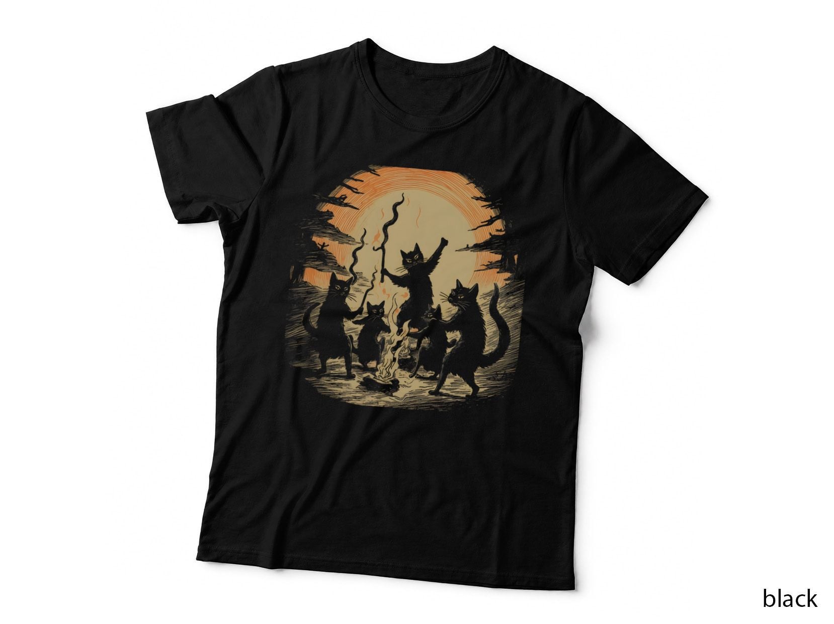 Black Cat Dance Around Bonfires Spooky Witchcraft Halloween T-Shirt