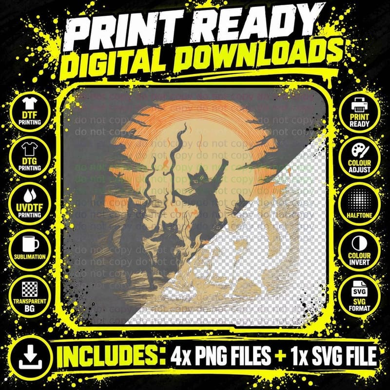 Black Cat Dance Around Bonfires Spooky Witchcraft Png SVG Digital Bundle