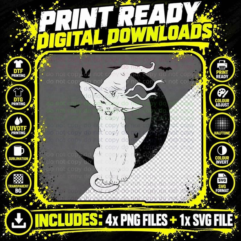 Black Cat Halloween Costume Scary Witch Hat Moon Cat Png SVG Digital Bundle