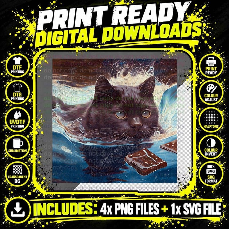 Black Cat Swimming Chocolate, Halloween Costume Png SVG Digital Bundle