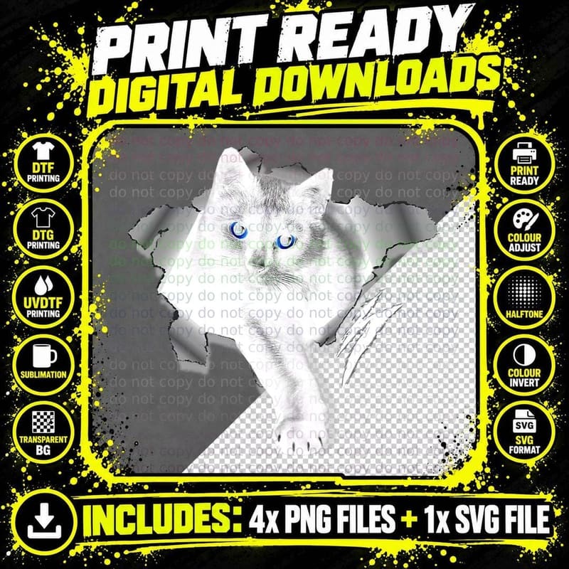 Black Cat Torn Cloth - Black Cat Yellow Eyes, Gothic Png SVG Digital Bundle