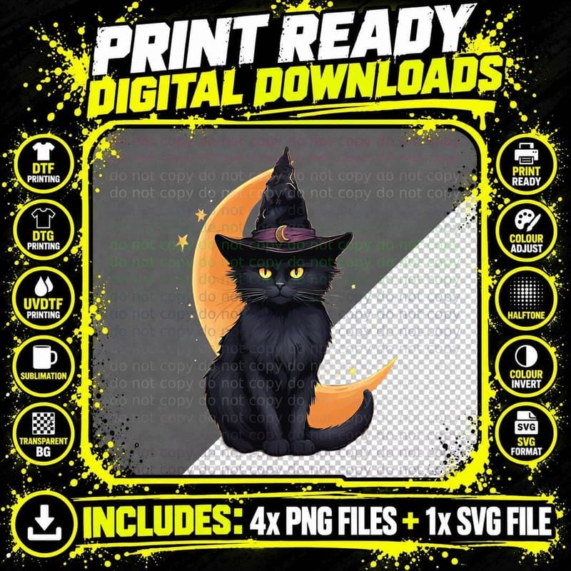 Black Cat Wearing Halloween Witch Hat Cat and Crescent Png SVG Digital Bundle