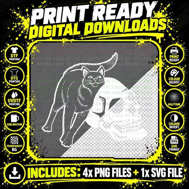 Black Cat and Human Skeleton Skull Punk Goth and Png SVG Digital Bundle