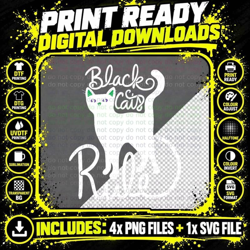 Black Cats Rule Fun Black Cat Mom Cute, Halloween Png SVG Digital Bundle