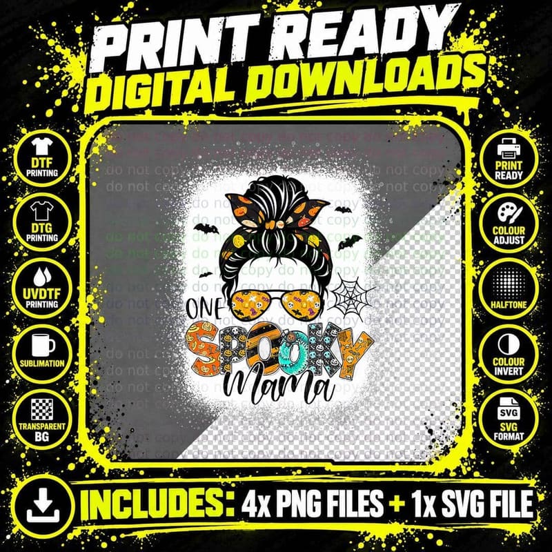 Bleached One Spooky Mama Messy Bun Mom Halloween Cute Png SVG Digital Bundle