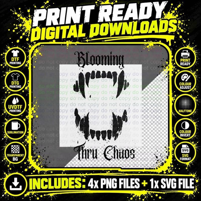 Blooming Thru Chaos Horror Wolf Dog Vampire Teeth Png SVG Digital Bundle