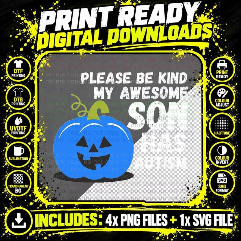 Blue Pumpkin Bucket Halloween Be Kind My Son Has Autism Png SVG Digital Bundle