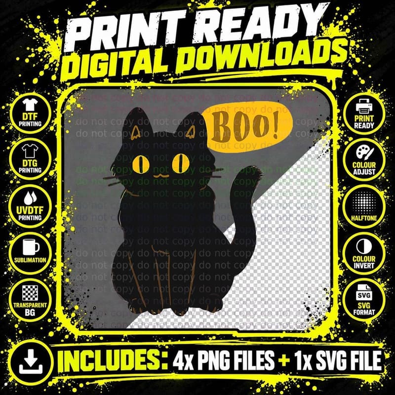 Boo Black Cat Halloween Funny Cat Lovers Gifts Men Women Png SVG Digital Bundle