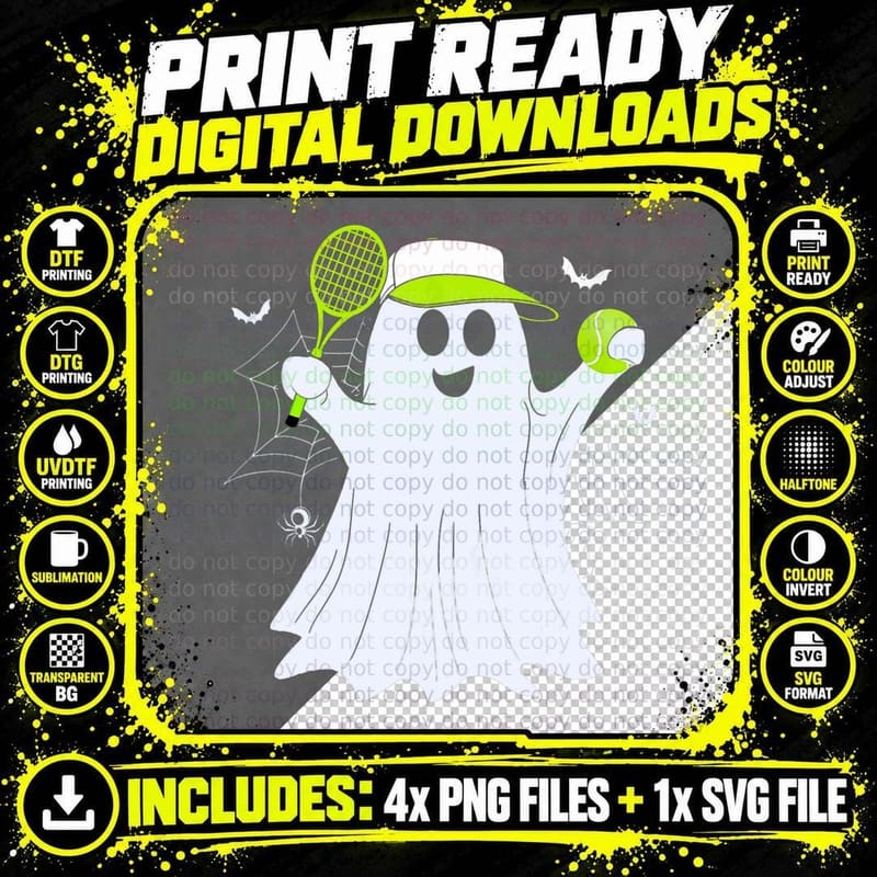 Boo Ghost Playing Tennis Halloween Tennis Costume T-Shirt Png SVG Digital Bundle
