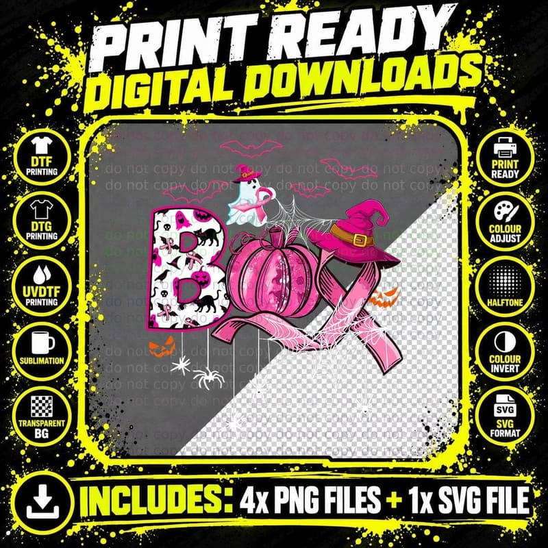 Boo Halloween Pumpkin Pink Ribbon Witch Breast Cancer Png SVG Digital Bundle