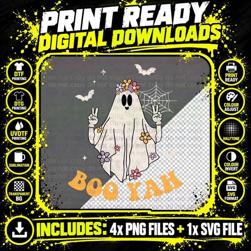 Boo Yah Retro Halloween Treat Spooky Season Ghost Girl Png SVG Digital Bundle