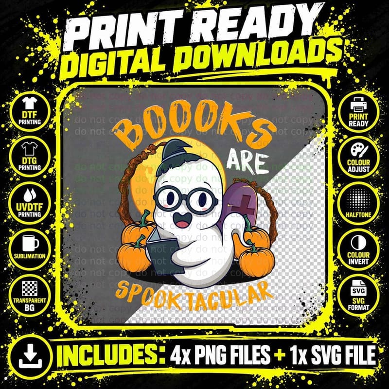 Boooks Ghost Funny Halloween Teacher Book Library Png SVG Digital Bundle
