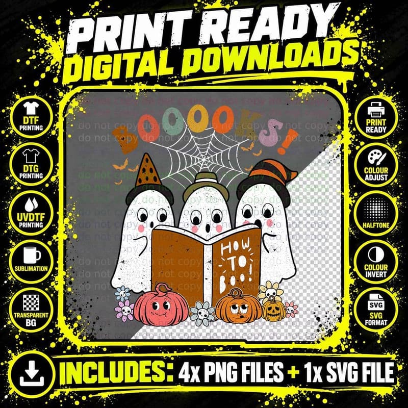 Booooks Ghost Halloween Groovy Vintage Teacher Book Png SVG Digital Bundle