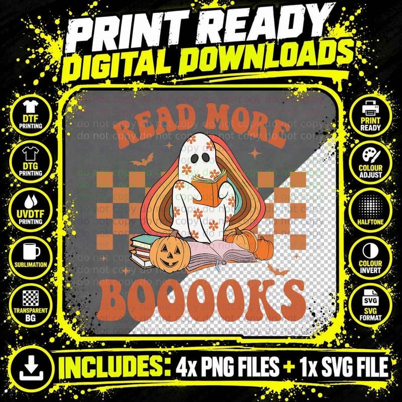 Booooks Ghost Halloween Read More Books Cute Boo Read a Png SVG Digital Bundle